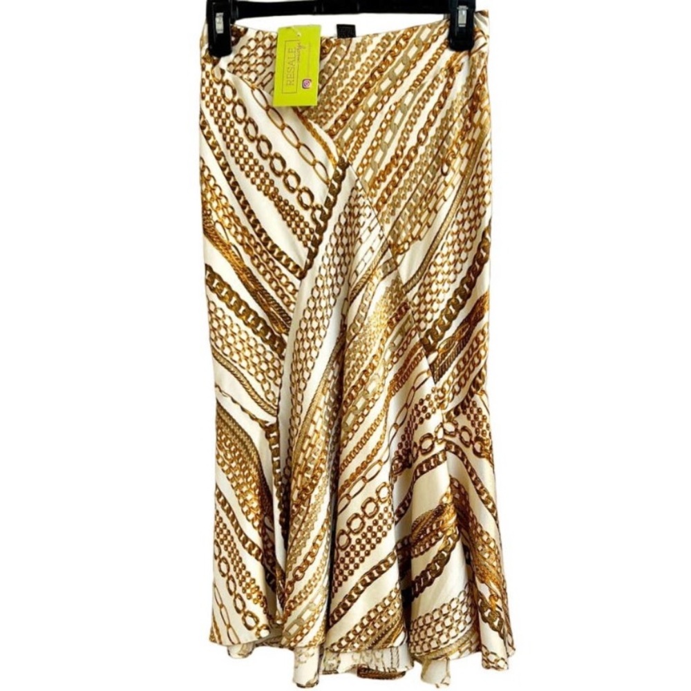 Roberto Cavalli Ruffle Hem Chain Link Print A-Line Midi Skirt Gold Women's XS